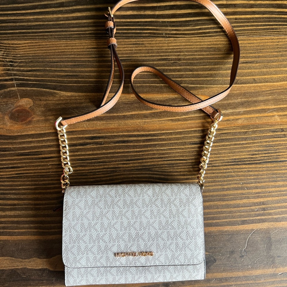 Michael Kors Crossbody Bag in White and Brown with Gold Hardware